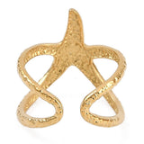 18K Gold-Plated Stainless Steel Starfish Womens Hammered Textured Star Cross Adjustable Open Cuff Ring R143 product image 3