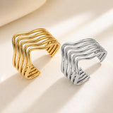 Stainless Steel Wide Womens Shiny Wavy Multi-Layered Open Ring Silver Gold 16mm R145 product image 1