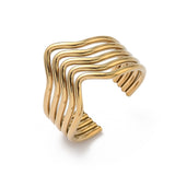Stainless Steel Wide Womens Shiny Wavy Multi-Layered Open Ring Silver Gold 16mm R145