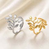 18K Gold-Plated Stainless Steel Wide Band Leaf Shiny Adjustable Open Cuff Ring R149 product image 2