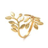18K Gold-Plated Stainless Steel Wide Band Leaf Shiny Adjustable Open Cuff Ring R149