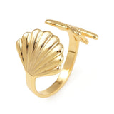 18K Gold-Plated Shell Ocean Womens Polished Textured Starfish Adjustable Cuff Ring Silver R153