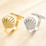 18K Gold-Plated Shell Ocean Womens Polished Textured Starfish Adjustable Cuff Ring Silver R153 product image 1