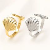 18K Gold-Plated Shell Ocean Womens Polished Textured Starfish Adjustable Cuff Ring Silver R153 product image 2