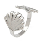 18K Gold-Plated Shell Ocean Womens Polished Textured Starfish Adjustable Cuff Ring Silver R153