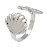 18K Gold-Plated Shell Ocean Womens Polished Textured Starfish Adjustable Cuff Ring Silver R153