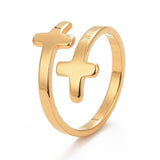 Stainless Steel Cross Religious Womens Polished Shiny Adjustable Open Cuff Ring Gold R156 product image 1