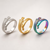 18K Gold-Plated Stainless Steel Fish Womens Textured Snake Adjustable Open Cuff Ring Silver R158 product image 2