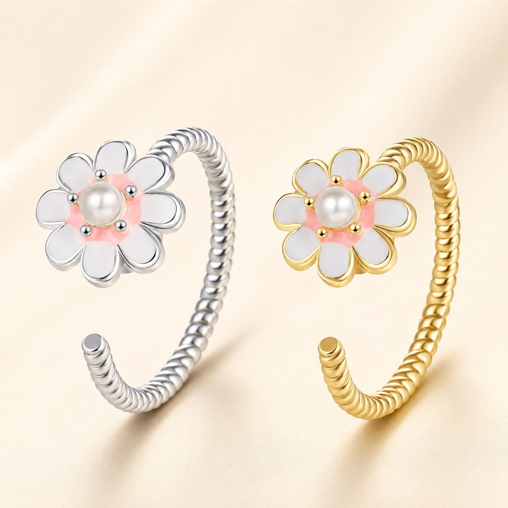 Enamel Pearl Fidget Spinner Flower Beaded Smooth Textured Floral Adjustable Open Cuff Ring Gold R163 product image 1