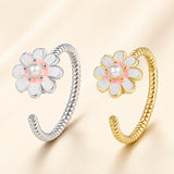 Enamel Pearl Fidget Spinner Flower Beaded Smooth Textured Floral Adjustable Open Cuff Ring Gold R163 product image 1