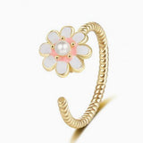 Enamel Pearl Fidget Spinner Flower Beaded Smooth Textured Floral Adjustable Open Cuff Ring Gold R163