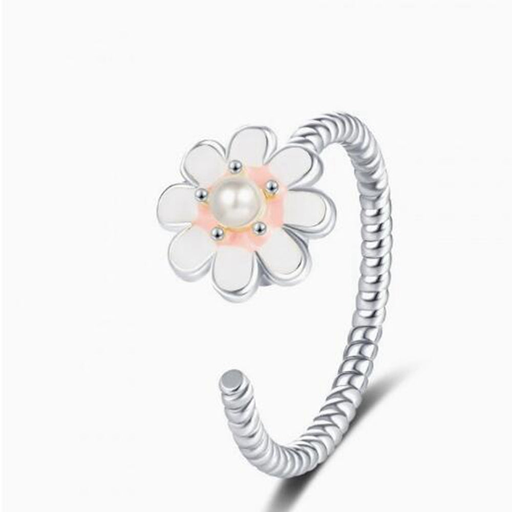 Enamel Pearl Fidget Spinner Flower Beaded Smooth Textured Floral Adjustable Open Cuff Ring Gold R163