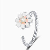 Enamel Pearl Fidget Spinner Flower Beaded Smooth Textured Floral Adjustable Open Cuff Ring Gold R163