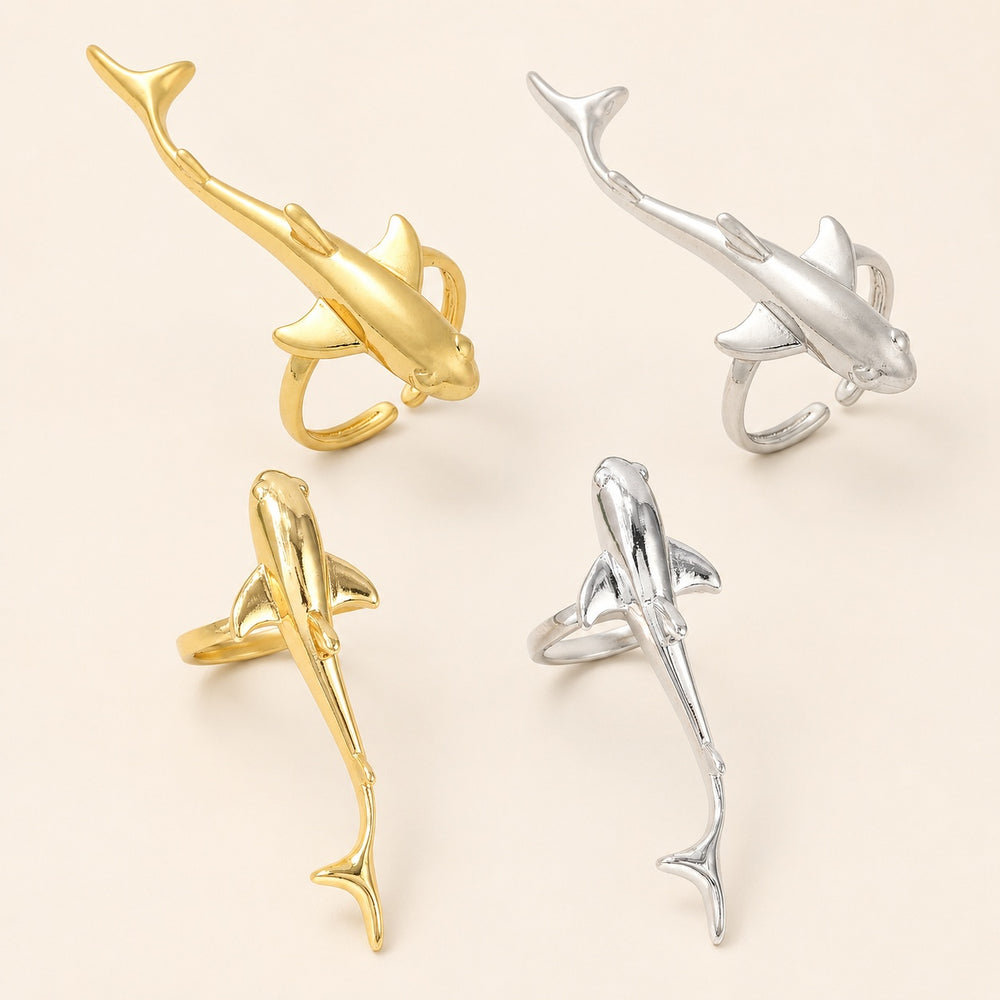 18K Gold-Plated Fish Womens Polished Shiny Shark Adjustable Cuff Ring Silver R164 product image 1