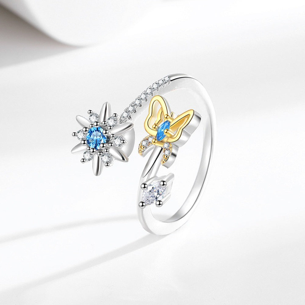 Cubic Zirconia Micro Pave Rotating Flower Worry Polished Butterfly Floral Adjustable Cuff Ring Silver R166 product image 1