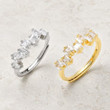 Gold-Plated Cubic Zirconia Micro Pave Square Princess-Cut Stones Set Row On Each Adjustable Band Ring Clear Silver R168
