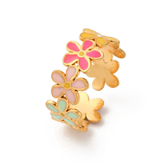 18K Gold-Plated Stainless Steel Enamel Flower Polished Floral Adjustable Cuff Ring R170 product image 1