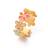 18K Gold-Plated Stainless Steel Enamel Flower Polished Floral Adjustable Cuff Ring R170 product image 1