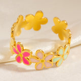 18K Gold-Plated Stainless Steel Enamel Flower Polished Floral Adjustable Cuff Ring R170 product image 4
