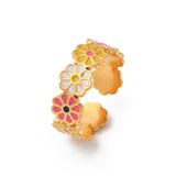 18K Gold-Plated Stainless Steel Enamel Flower Textured Floral Adjustable Cuff Ring R171 product image 1
