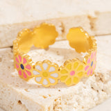 18K Gold-Plated Stainless Steel Enamel Flower Textured Floral Adjustable Cuff Ring R171 product image 2