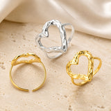 18K Gold-Plated Stainless Steel Heart Textured Adjustable Open Cuff Ring Silver R172 product image 2