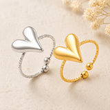 18K Gold-Plated Stainless Steel Heart Smooth Textured Adjustable Open Cuff Ring Silver R173 product image 2