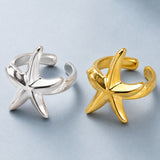 18K Gold-Plated Stainless Steel Starfish Polished Shiny Star Adjustable Open Cuff Ring Silver R177 product image 1