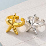 18K Gold-Plated Stainless Steel Starfish Polished Shiny Star Adjustable Open Cuff Ring Silver R177 product image 3