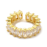 18K Gold-Plated Cubic Zirconia Rectangle Polished Adjustable Open Cuff Ring Clear R178