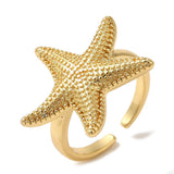 18K Gold-Plated Starfish Ocean Womens Polished Star Textured Adjustable Cuff Ring R179 product image 1