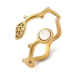 18K Gold-Plated Stainless Steel Shell Flat Round Leaf Smooth Polished Adjustable Cuff Ring R186