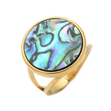 18K Gold-Plated Stainless Steel Shell Flat Round Womens Smooth Polished Oval Adjustable Cuff Ring R187