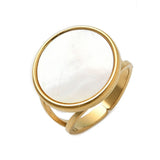 18K Gold-Plated Stainless Steel Shell Flat Round Womens Smooth Polished Oval Adjustable Cuff Ring R187