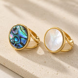 18K Gold-Plated Stainless Steel Shell Flat Round Womens Smooth Polished Oval Adjustable Cuff Ring R187 product image 1