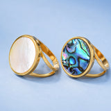 18K Gold-Plated Stainless Steel Shell Flat Round Womens Smooth Polished Oval Adjustable Cuff Ring R187 product image 2