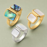 18K Gold-Plated Stainless Steel Shell Rectangle Smooth Polished Square Adjustable Cuff Ring Silver R188 product image 1