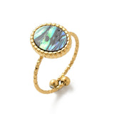 18K Gold-Plated Stainless Steel Shell Oval Ocean Womens Polished Textured Adjustable Cuff Ring R189
