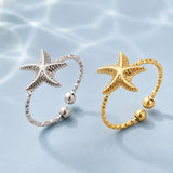 18K Gold-Plated Stainless Steel Starfish Textured Star Adjustable Open Cuff Ring Silver R190 product image 1