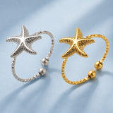 18K Gold-Plated Stainless Steel Starfish Textured Star Adjustable Open Cuff Ring Silver R190 product image 2