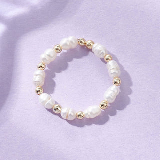Pearl Stretch Rice Round Crystal Wide Smooth Lustrous Adjustable Beaded Ring Gold 3.5mm R198 product image 1