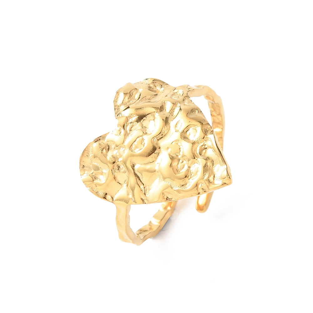 18K Gold-Plated Stainless Steel Heart Womens Textured Adjustable Open Cuff Ring R201 product image 1
