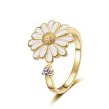 Cubic Zirconia Enamel Daisy Fidget Spinner Worry Flower Adjustable Cuff Ring Gold R203