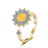 Cubic Zirconia Enamel Fidget Spinner Calming Textured Flower Adjustable Cuff Ring Gold R204