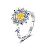 Cubic Zirconia Enamel Fidget Spinner Calming Textured Flower Adjustable Cuff Ring Gold R204