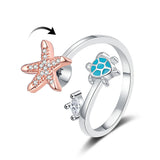 Cubic Zirconia Enamel Turtle Starfish Fidget Polished Star Adjustable Cuff Ring Silver R205 product image 1