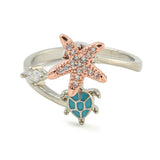 Cubic Zirconia Enamel Turtle Starfish Fidget Polished Star Adjustable Cuff Ring Silver R205 product image 3