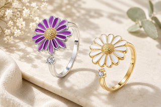 Cubic Zirconia Enamel Daisy Fidget Spinner Worry Flower Adjustable Cuff Ring Gold R203 product image 1