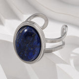 Stainless Steel Gemstone Oval Tiger Eye Carnelian Snowflake Adjustable Open Cuff Ring Blue White Silver R209 product image 2