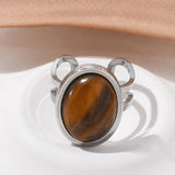 Stainless Steel Gemstone Oval Tiger Eye Carnelian Snowflake Adjustable Open Cuff Ring Blue White Silver R209 product image 3